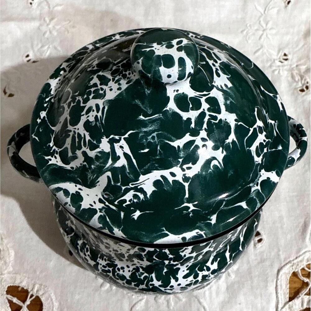 VTG Graniteware Enamel Ware USA Covered Sugar Bowl Dark Green Primitive Farmhous - Picture 2 of 8